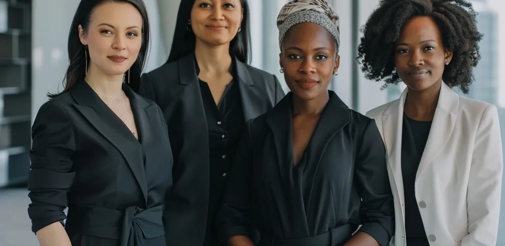 retrato-de-mujeres-diversas-juntas Diverse group of minority women entrepreneurs collaborating, symbolizing the Building Her accelerator program's support for scaling clean energy businesses.